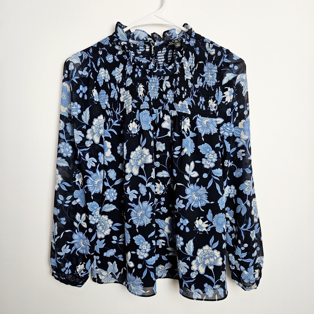 J.Crew Blouse‎ Sz XS Smocked Ruffleneck Chiffon Top Midnight Blue Floral Cottage